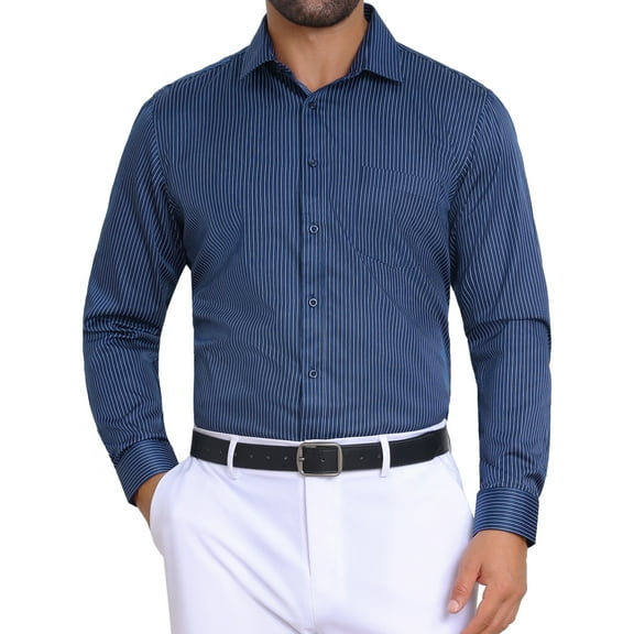 INSPIRE CHIC Men's Button Down Long Sleeve Business Pattern Dress Shirt L Dark Blue