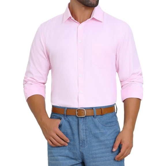 INSPIRE CHIC Men's Button Down Long Sleeve Business Pattern Dress Shirt L Pink