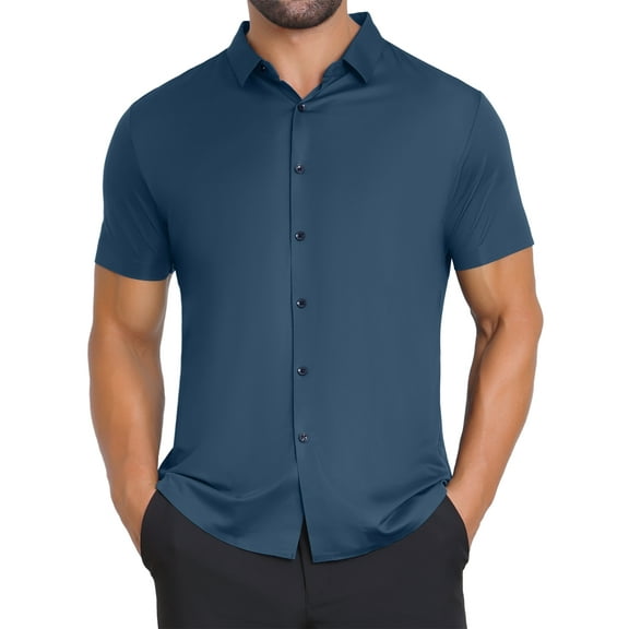 INSPIRE CHIC Men's Button Down Point Collar Short Sleeve Solid Color Business Dress Shirts M Dark Blue