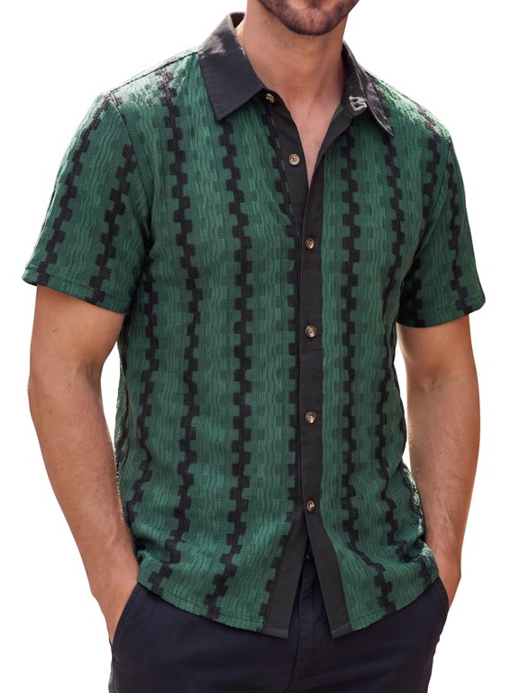 Men's Button Down Short Sleeve Vintage Textured Knit Shirt L Green