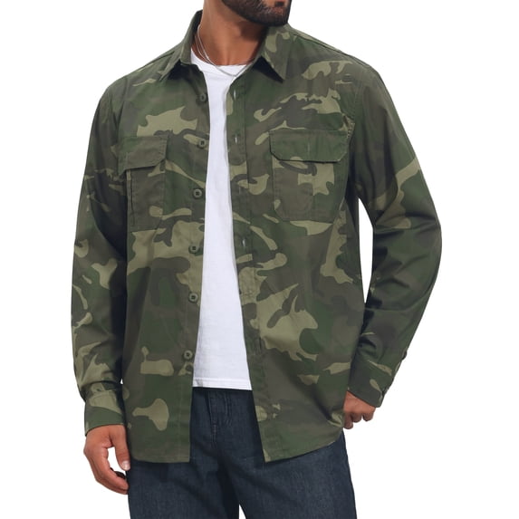 INSPIRE CHIC Men's Shirt Camo Pattern Button Down Chest Pockets Long Sleeve Casual Shirt L Olive Green