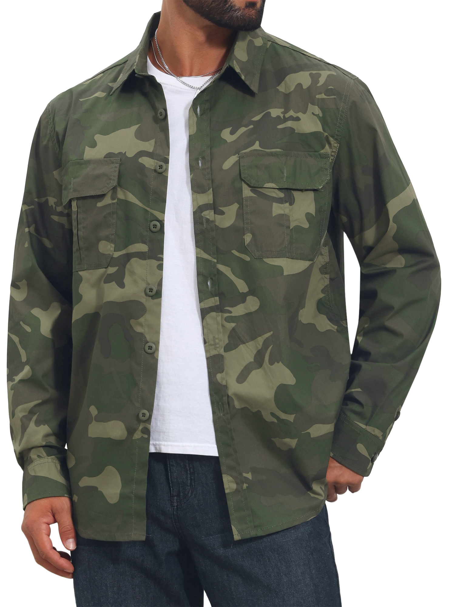 INSPIRE CHIC Men's Shirt Camo Pattern Button Down Chest Pockets Long Sleeve Casual Shirt M Olive Green