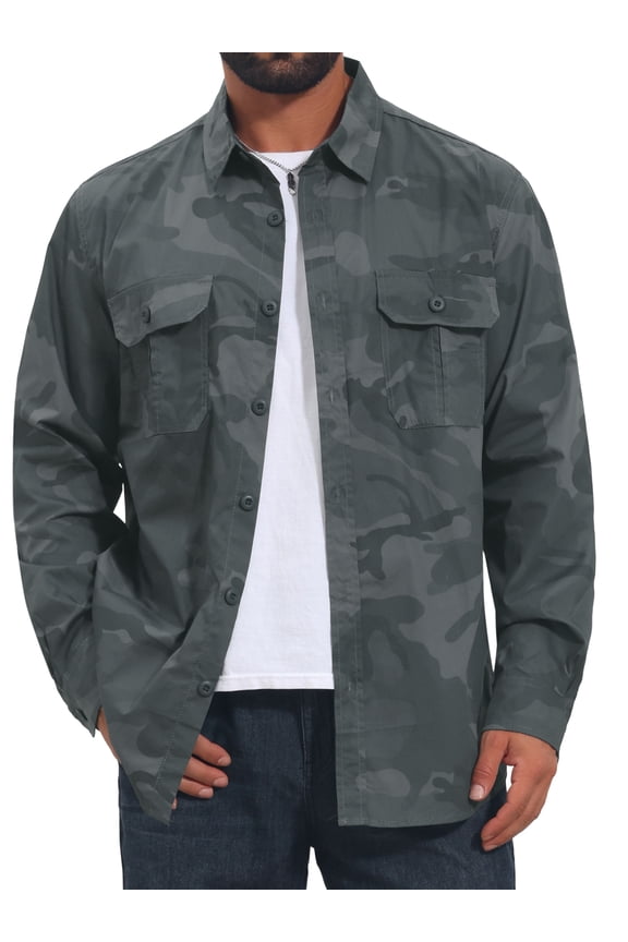 Men's Camouflage Shirt Long Sleeve Button Down Lightweight Outdoor Safari Shirts XL Gray