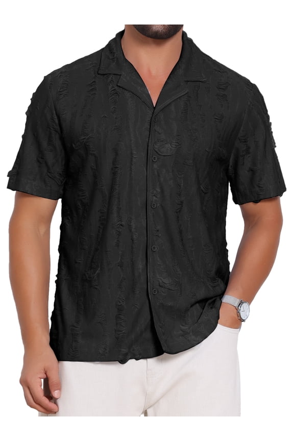 Men's Camp Collar Button Down Short Sleeve Distressed Ripped Casual Shirts 2XL Black