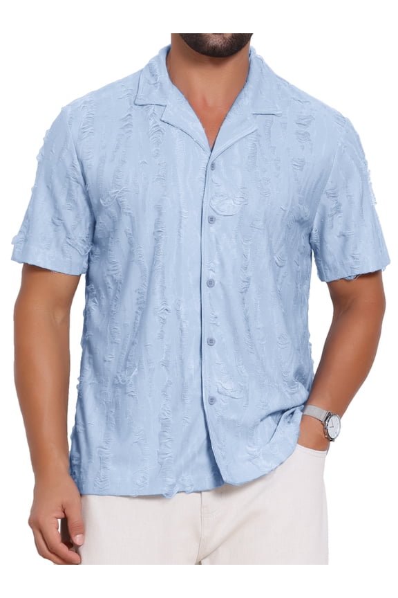 Men's Camp Collar Button Down Short Sleeve Distressed Ripped Casual Shirts 3XL Blue