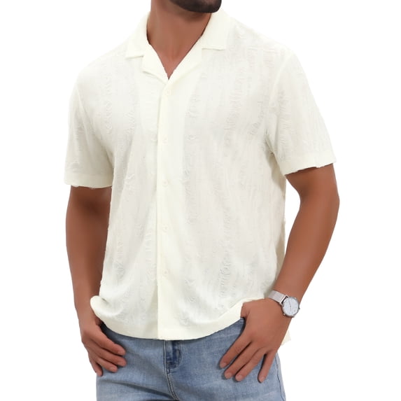 INSPIRE CHIC Edition Men's Camp Collar Button Down Short Sleeve Distressed Ripped Casual Shirts M Beige