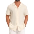 thumbnail image 1 of INSPIRE CHIC Men's Camp Collar Casual Button Down Short Sleeve Hollow See Through Shirts M Beige, 1 of 5