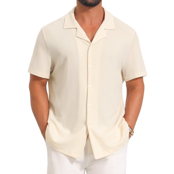 INSPIRE CHIC Men's Camp Collar Casual Button Down Short Sleeve Hollow See Through Shirts M Beige