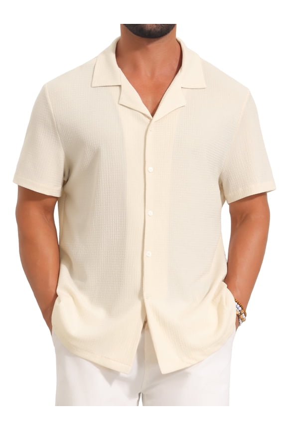 Men's Camp Collar Casual Button Down Short Sleeve Hollow See Through Shirts M Beige