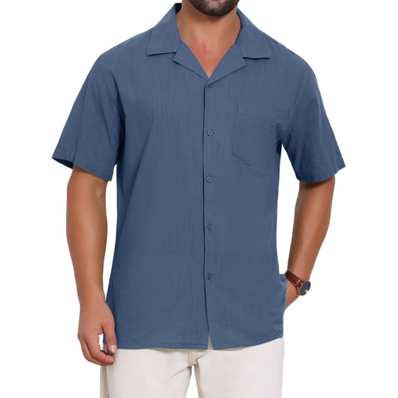 INSPIRE CHIC Men's Camp Collar Chest Pocket Button Down Short Sleeve Cotton Shirts 2XL Dark Blue