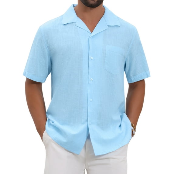 INSPIRE CHIC Men's Camp Collar Chest Pocket Button Down Short Sleeve Cotton Shirts L Light Blue
