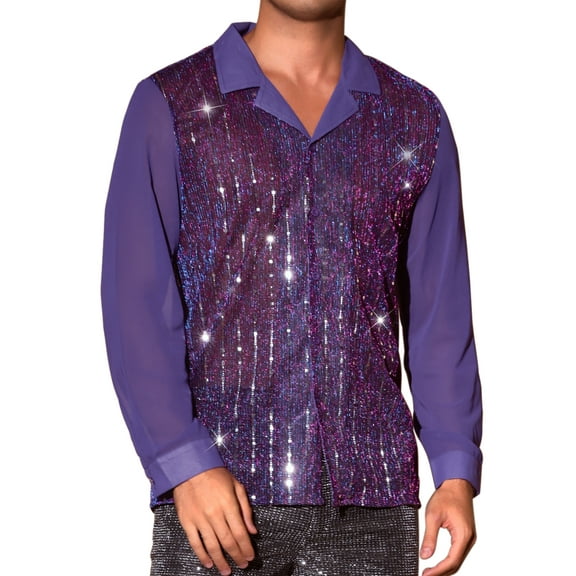 INSPIRE CHIC Men's Camp Collar Long Sleeve Sequin See Through Shirt S Purple