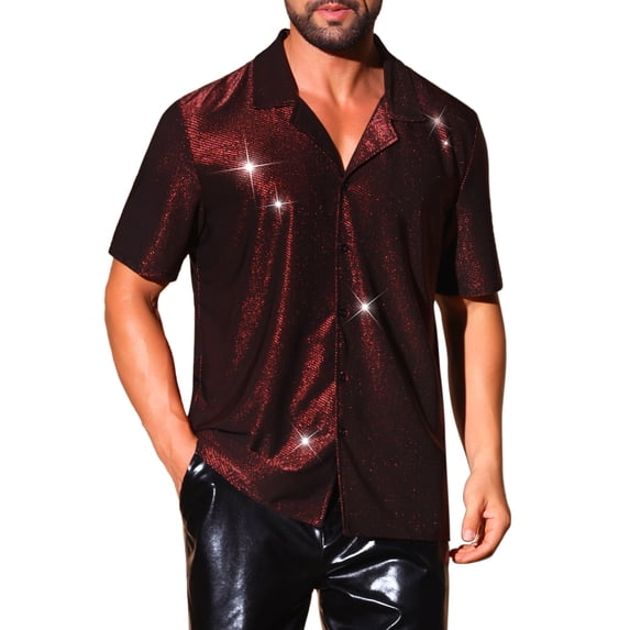 INSPIRE CHIC Men's Camp Collar Metallic Short Sleeve Button Down Shiny Disco Shirts S Red