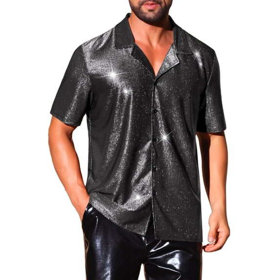 INSPIRE CHIC Men's Camp Collar Metallic Short Sleeve Button Down Shiny Disco Shirts S Silver