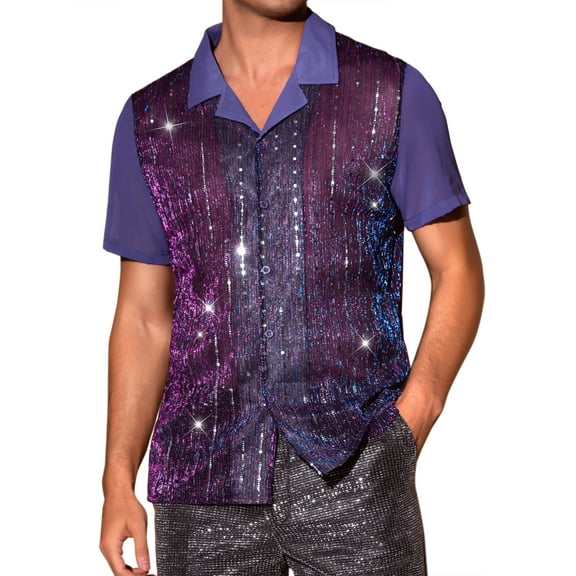 INSPIRE CHIC Men's Camp Collar Patchwork Short Sleeved Club Sequin Sheer Shirts M Purple