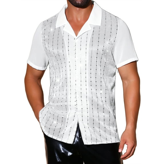 INSPIRE CHIC Men's Camp Collar Patchwork Short Sleeved Club Sequin Sheer Shirts XL White