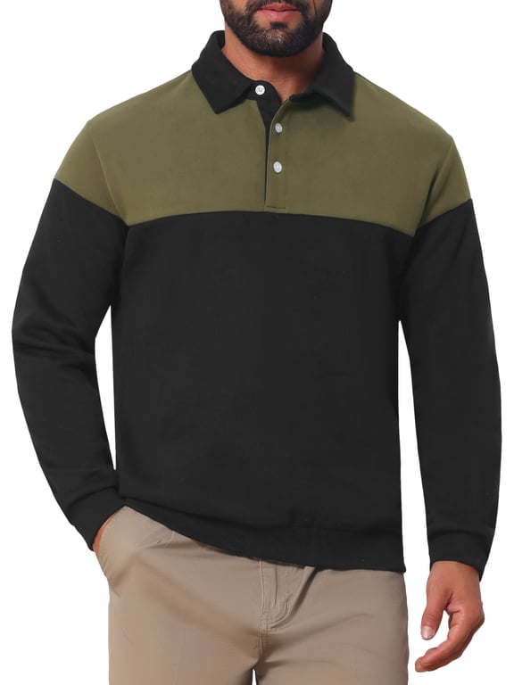 Men's Casual 3-Button Collar Color Block Long Sleeves Polo Shirts XL Black Green