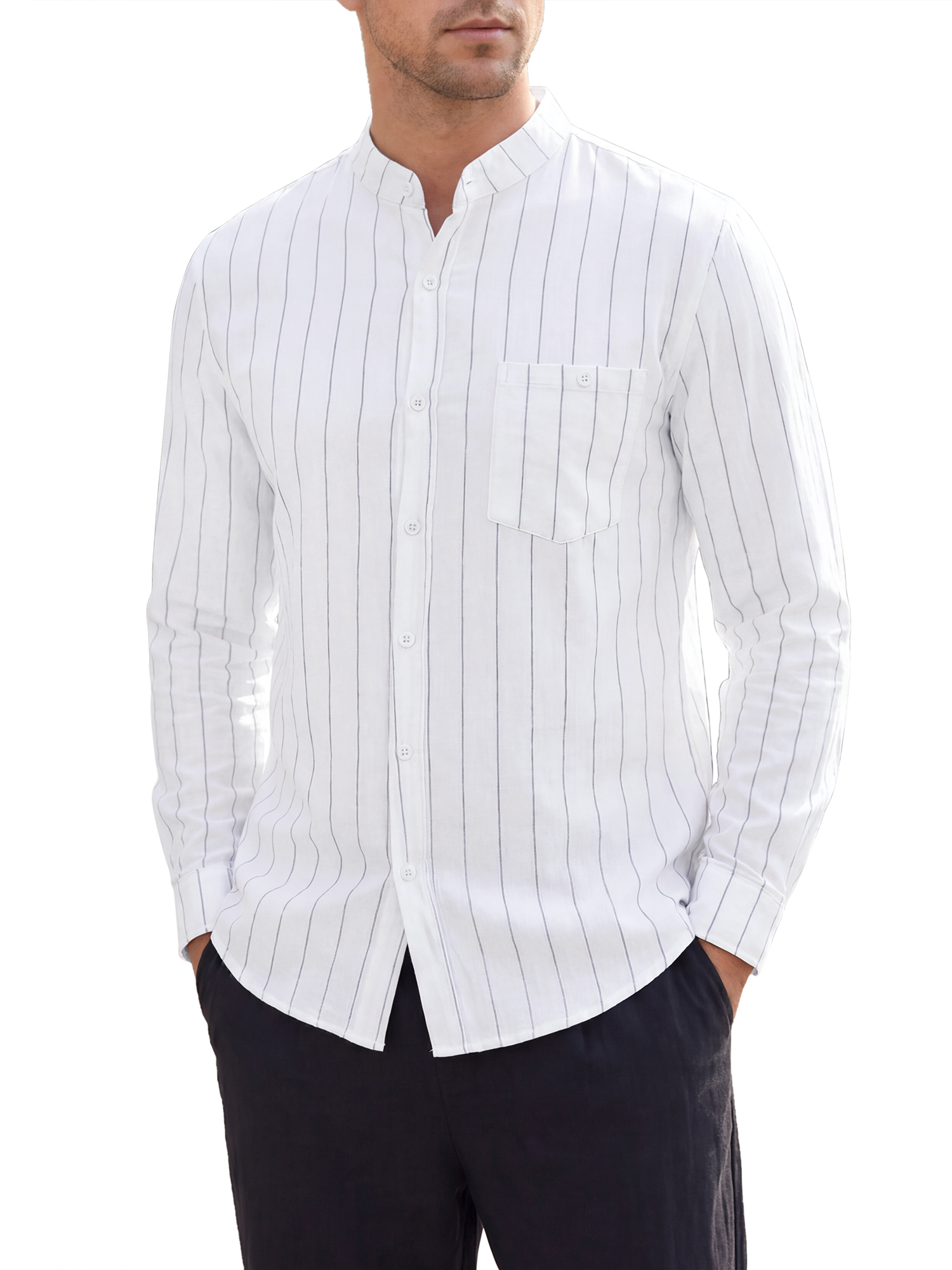 INSPIRE CHIC Men's Shirt Band Collar Striped Long Sleeve Button Down Shirt L White