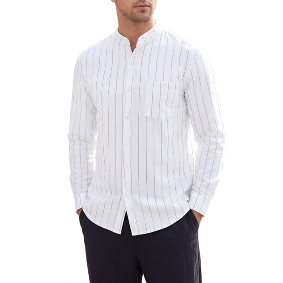 INSPIRE CHIC Men's Shirt Band Collar Striped Long Sleeve Button Down Shirt M White