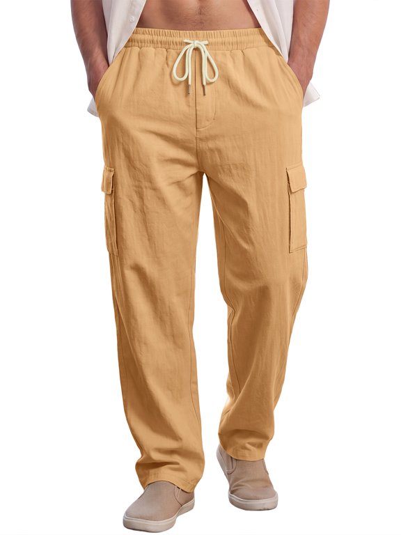 Men's Casual Breathable Drawstring Waist Straight Leg Linen Cargo Pants S Dark Khaki