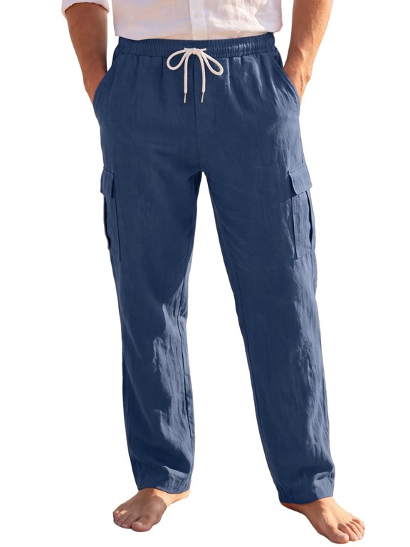 Men's Casual Breathable Drawstring Waist Straight Leg Linen Cargo Pants S Navy Blue
