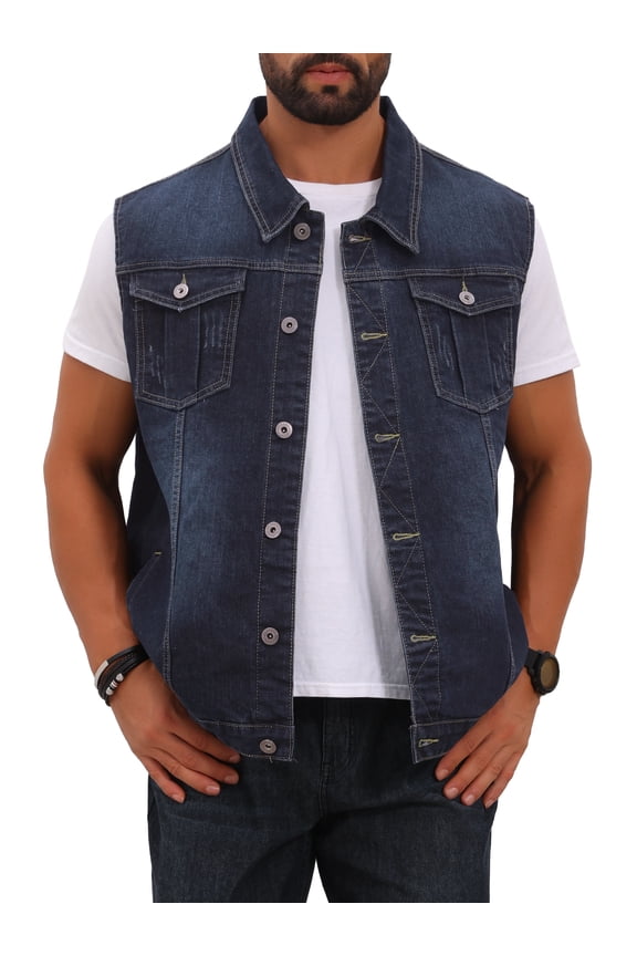 Men's Casual Denim Vest Multi-Pocket Button Down Vintage Jean Vest S Dark Blue