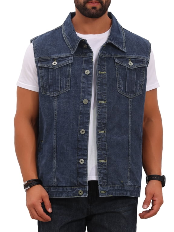 Men's Denim Vest Multi Pocket Button Front Sleeveless Jean Vest Top L Gray Blue