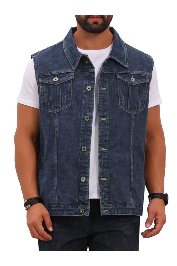 Men's Denim Vest Multi Pocket Button Front Sleeveless Jean Vest Top L Gray Blue