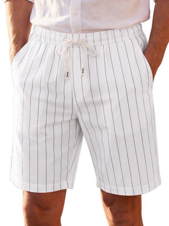 Men's Casual Drawstring Elastic Waist Breathable Summer Striped Shorts M White