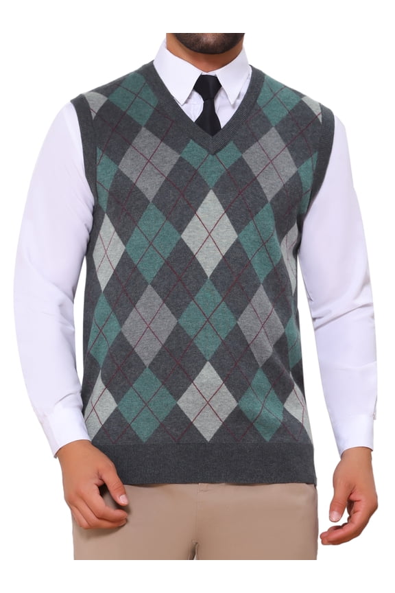 Men's Casual Knit Sleeveless V-Neck Plaid Argyle Sweater Vest L Dark Gray