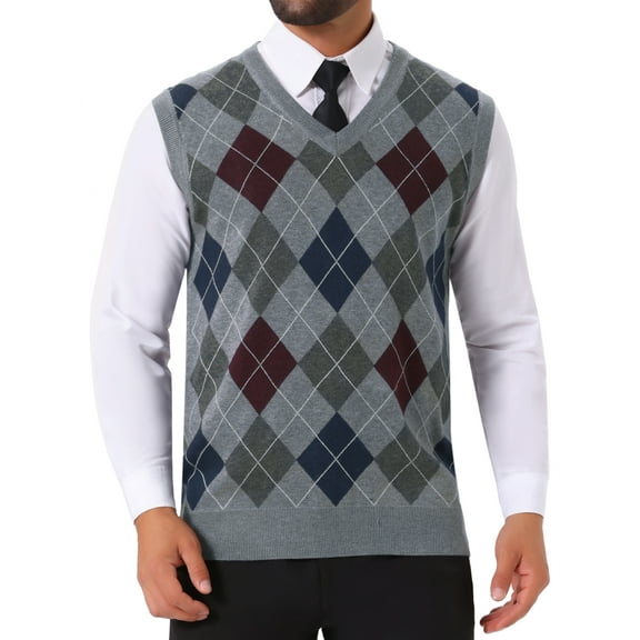 INSPIRE CHIC Men's Casual Knit Sleeveless V-Neck Plaid Argyle Sweater Vest S Light Gray