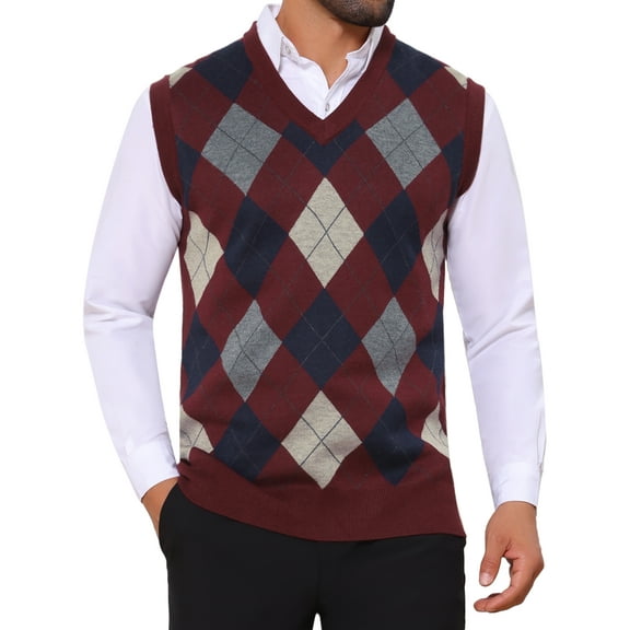 INSPIRE CHIC Men's Casual Knit Sleeveless V-Neck Plaid Argyle Sweater Vest XL Burgundy