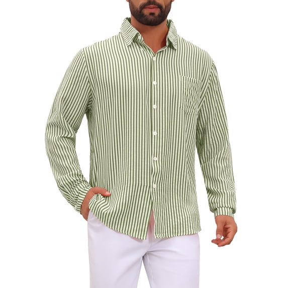 INSPIRE CHIC Men's Casual Long Sleeve Seersucker Striped Shirt with Chest Pocket XL Light Green