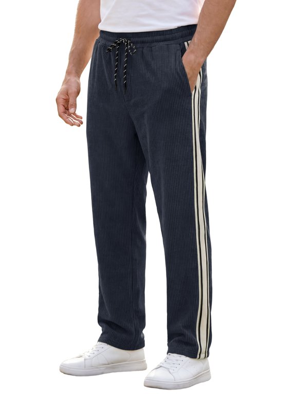 Men's Casual Patchwork Stripe Pattern Drawstring Waist Corduroy Pants 32 Navy Blue