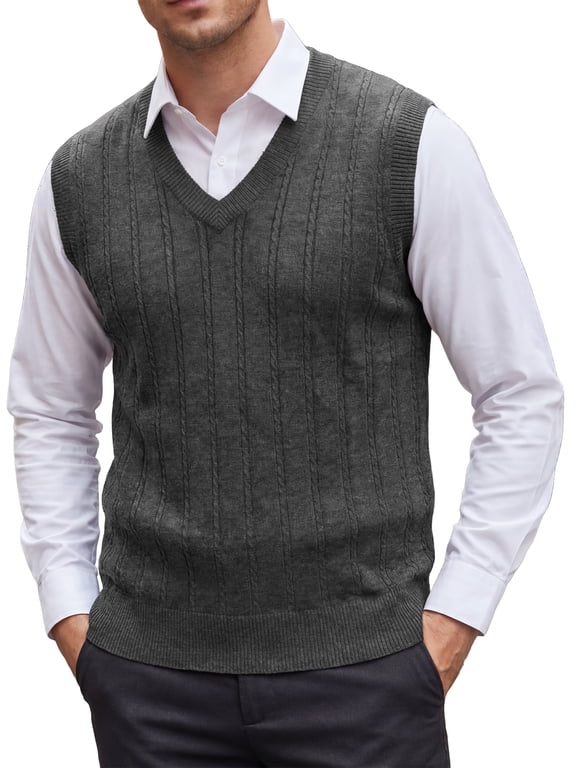 Men's Casual Pullover V-Neck Solid Lightweight Cable Knit Sweater Vest XL Dark Gray
