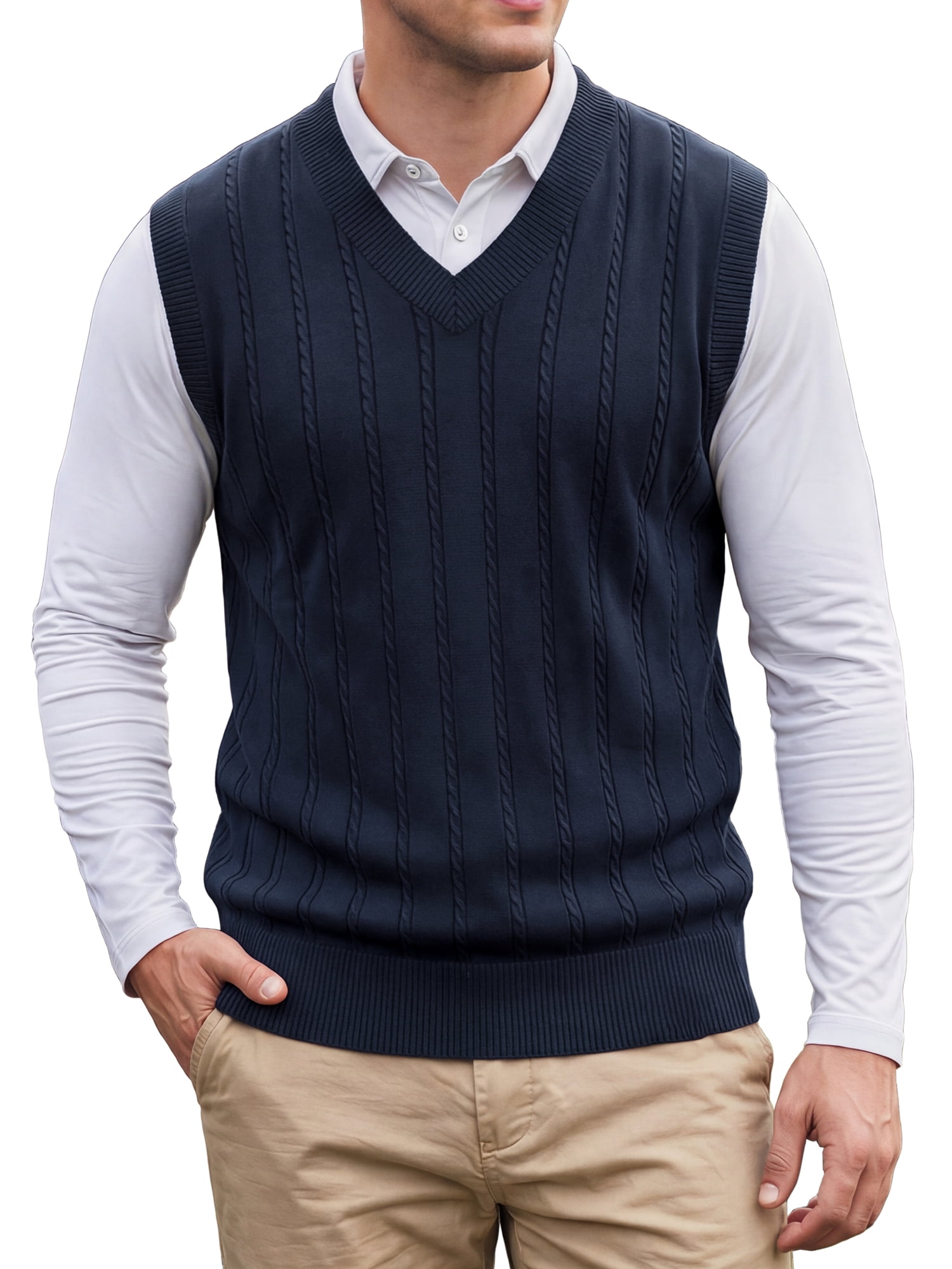INSPIRE CHIC Men's Casual Pullover V-Neck Solid Lightweight Cable