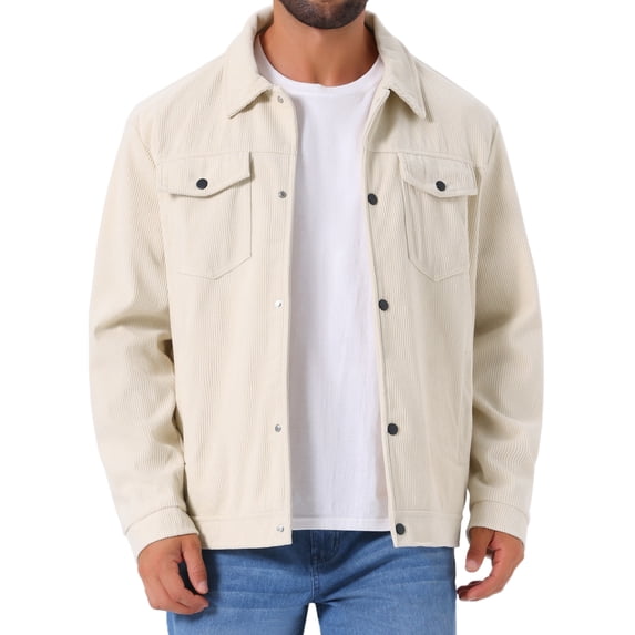 INSPIRE CHIC Men's Casual Solid Color Long Sleeve Button Pockets Corduroy Trucker Jacket M White
