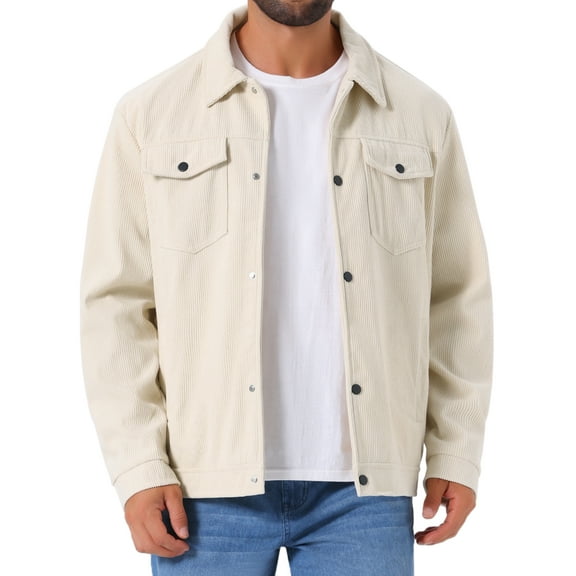 INSPIRE CHIC Men's Casual Solid Color Long Sleeve Button Pockets Corduroy Trucker Jacket XL White
