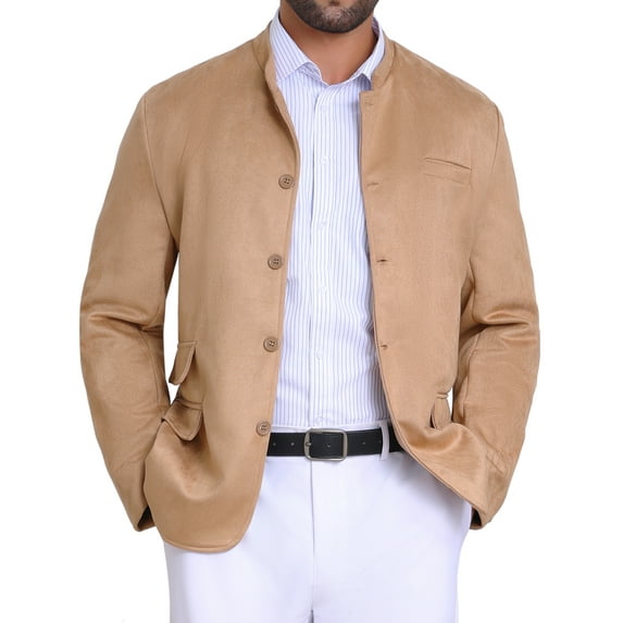 INSPIRE CHIC Men's Casual Suit Jacket Stand Collar Single Breasted Suede Blazer M Khaki