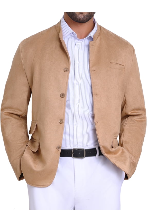 Men's Casual Suit Jacket Stand Collar Single Breasted Suede Blazer XL Khaki
