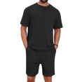 thumbnail image 1 of INSPIRE CHIC Men's Casual Texture Crew Neck Solid Shirt Top and Shorts 2 Piece Outfits 2XL Black, 1 of 6