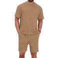 thumbnail image 1 of INSPIRE CHIC Men's Casual Texture Crew Neck Solid Shirt Top and Shorts 2 Piece Outfits 3XL Brown, 1 of 6