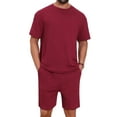 thumbnail image 1 of INSPIRE CHIC Men's Casual Texture Crew Neck Solid Shirt Top and Shorts 2 Piece Outfits M Burgundy, 1 of 6