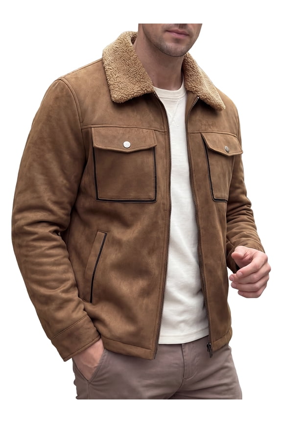 Men's Casual Zipper Pockets Vintage Fleece Lined Faux Suede Trucker Jacket M Brown