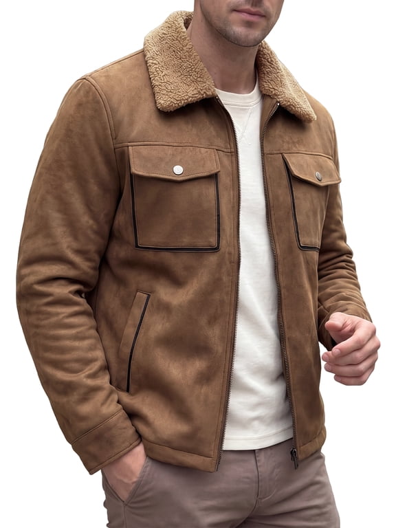 Men's Casual Zipper Pockets Vintage Fleece Lined Faux Suede Trucker Jacket M Brown