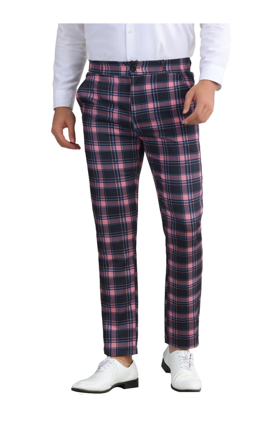 Men's Pants Plaid Elastic Waist Stretch Flat Front Dress Pants 30 Pink Black