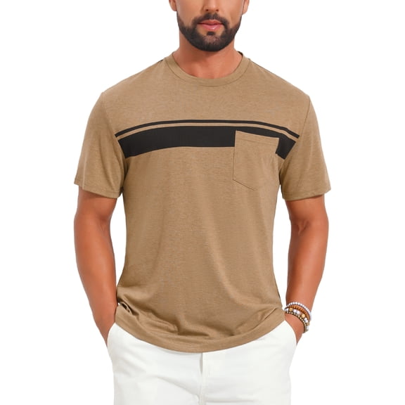 INSPIRE CHIC Men's Chest Pocket Striped Print Crew Neck Short Sleeve T-Shirt L Khaki