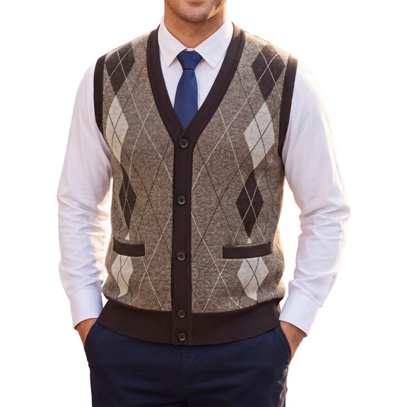 INSPIRE CHIC Men's Classic Sleeveless V-Neck Button Argyle Knitwear Sweater Cardigan Vest S Light Brown
