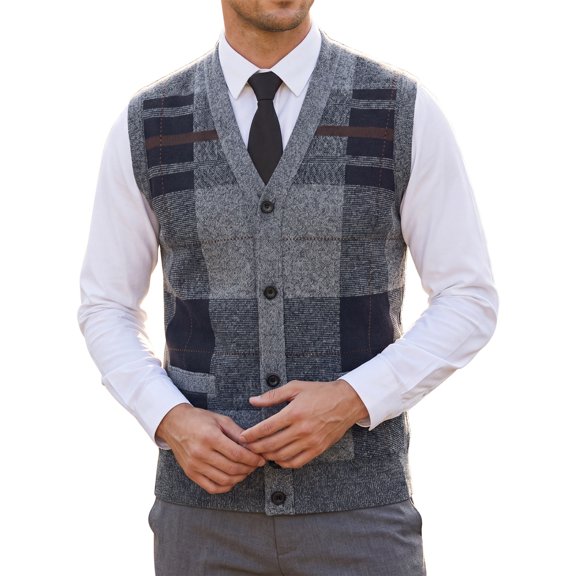 INSPIRE CHIC Men's Classic Sleeveless V-Neck Button Argyle Knitwear Sweater Cardigan Vest S Light Gray