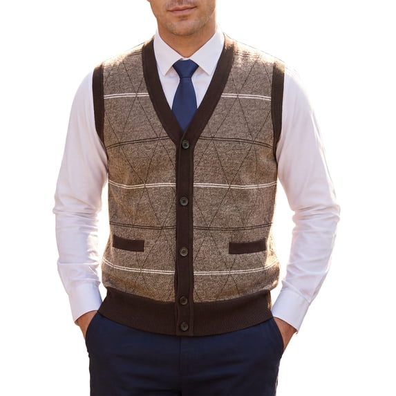 INSPIRE CHIC Men's Classic Sleeveless V-Neck Button Argyle Knitwear Sweater Cardigan Vest XL Dark Brown